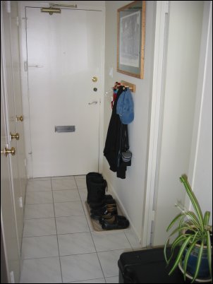 This is the front door and front hall.  On the left, behold my closets - all three of them.  On the right, my shoes and coatrack.  And fianally, that door you see on the right leads to the washroom...