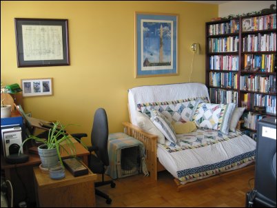 Behold, my yellow wall.  It's really, really yellow, but I like it.  A lot.  There is only one yellow wall - everything else is eggshell white.
<p>
On the left, you can see my desk, flush with a window.  And my new futon frame is on the right.